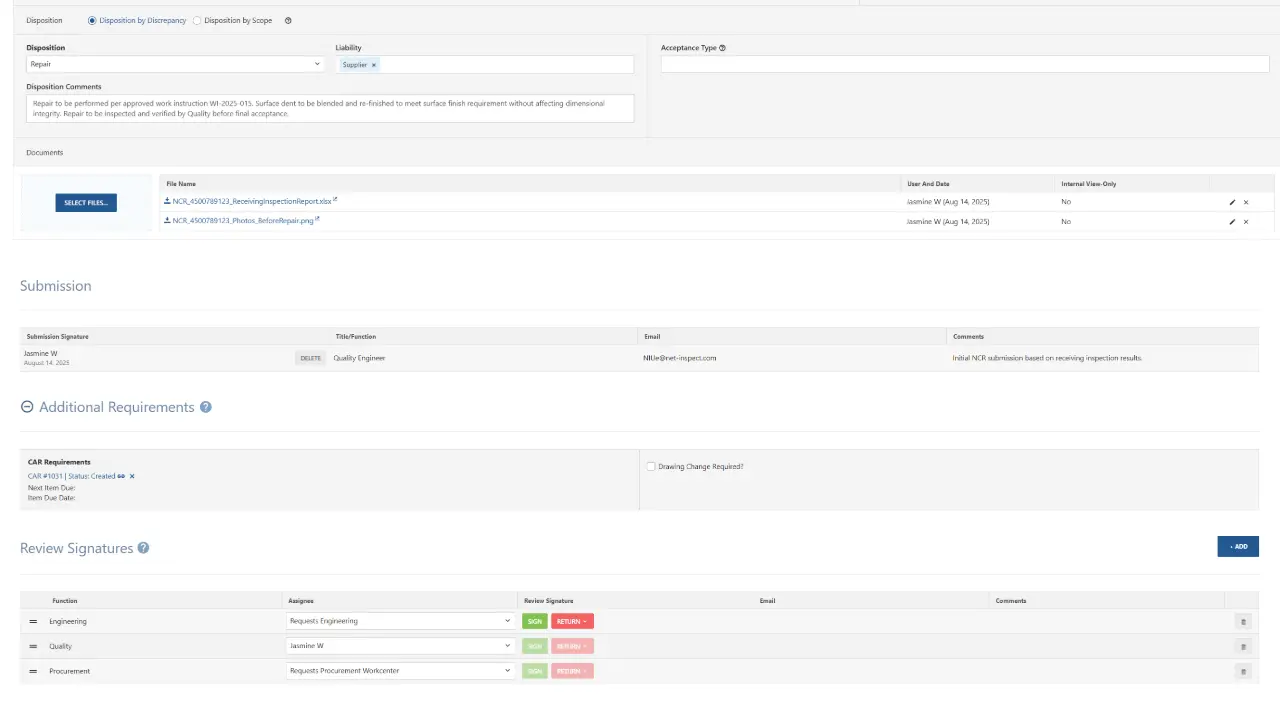 Net-Inspect Requests submission workflow showing document attachments, additional requirements section, and review signatures with approval status indicators and workflow controls